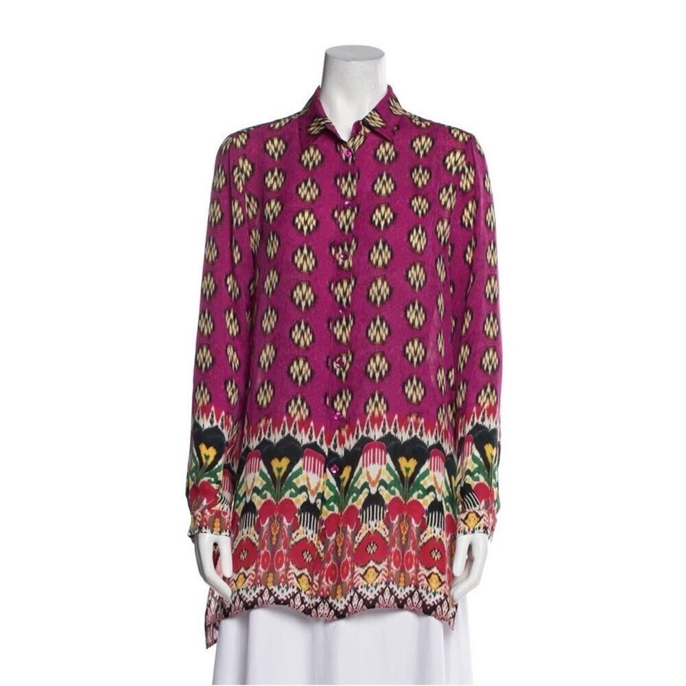 Etro 100% Silk Button-Up Blouse Pink Ikat Print Size US 10 (IT 46)